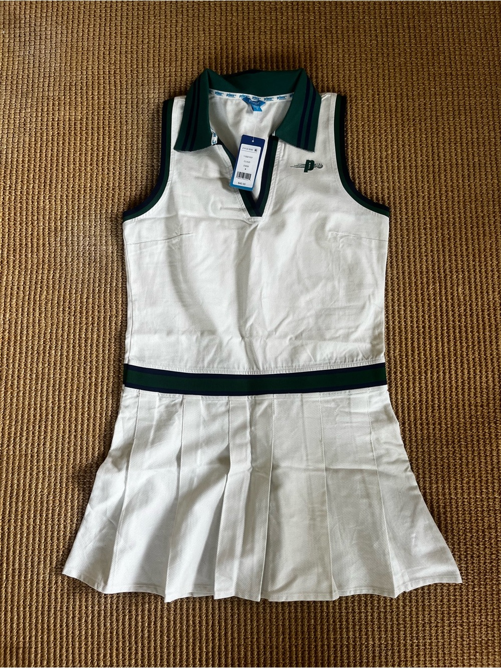 White Pickleball Dress with Green and Navy Trim